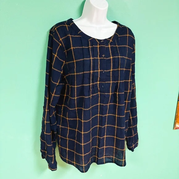 Skies Are Blue Navy Blue & Gold Plaid Erina Henley Top Womens XL - Picture 3 of 8